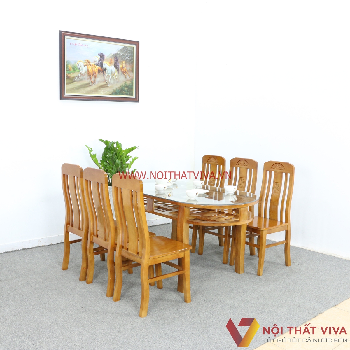Bộ Bàn Ăn Oval 2 Tầng Gỗ Sồi Màu Cánh Gián