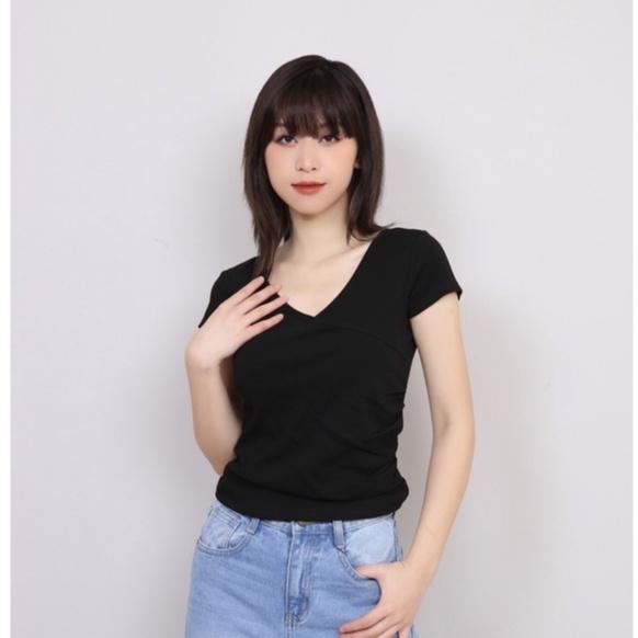 Áo Thun Nữ Cổ Chéo Nhún Eo Thời Trang, Áo Phông Nữ Cổ Tim Rúm Eo CT Women