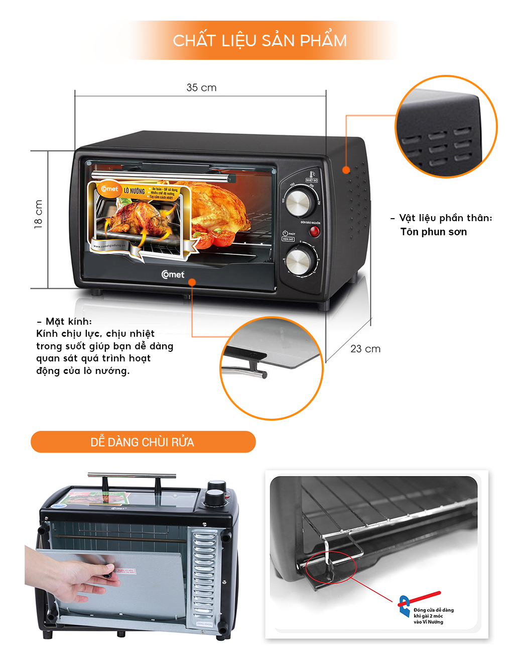 Lò nướng điện Comet CM6510 10L – Công suất 1000W, đa chức năng, nhỏ gọn, hàng chính hãng