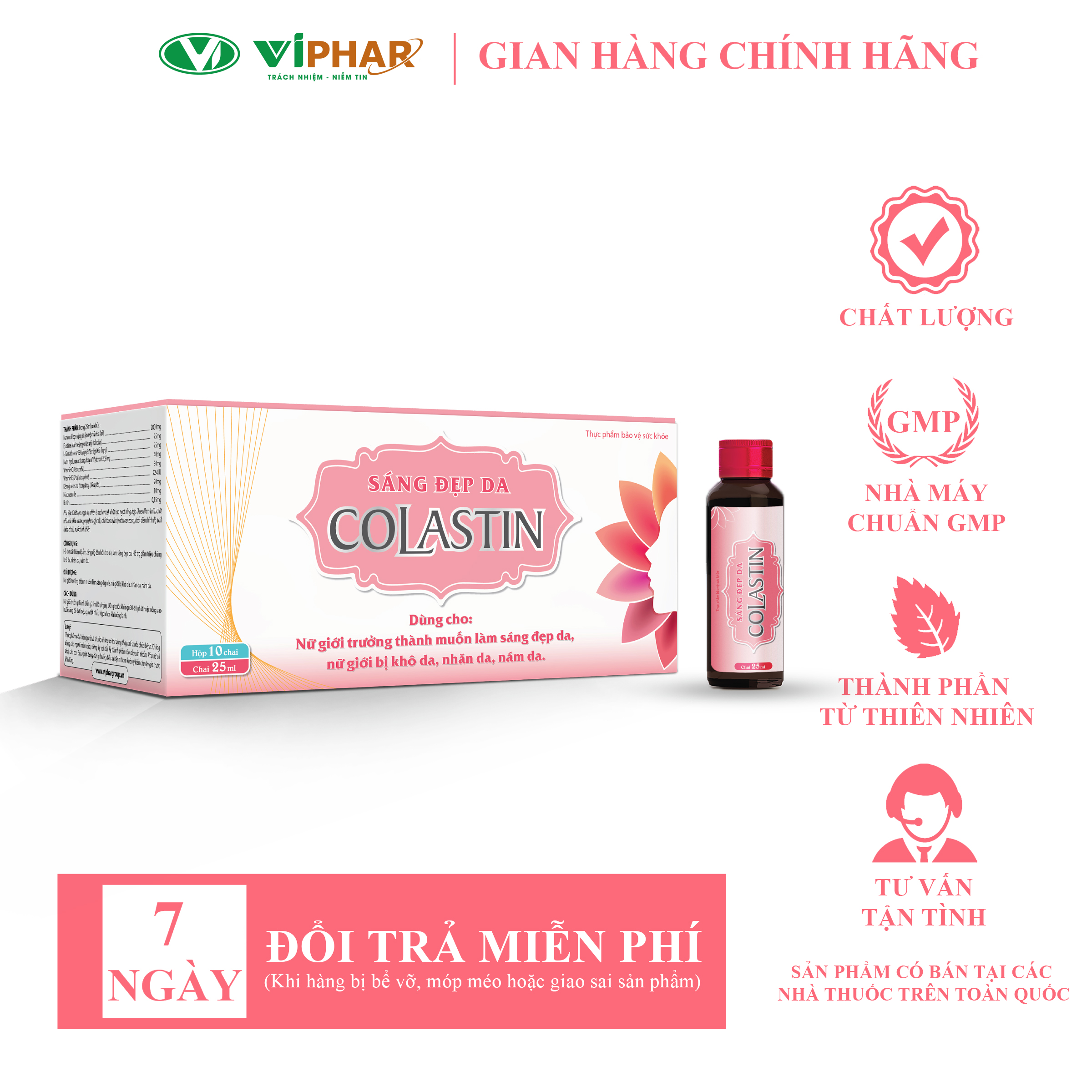 Nước Uống SÁNG ĐẸP DA COLASTIN, Elastin Marine - Nano Collagen Nhập Khẩu, Giúp Da Căng Mịn, Giảm Khô Da, Nhăn Da, Nám Da, Chống Lão Hoá Da, Đẹp Tóc Móng, Hộp 10 Chai 25ml/50ml