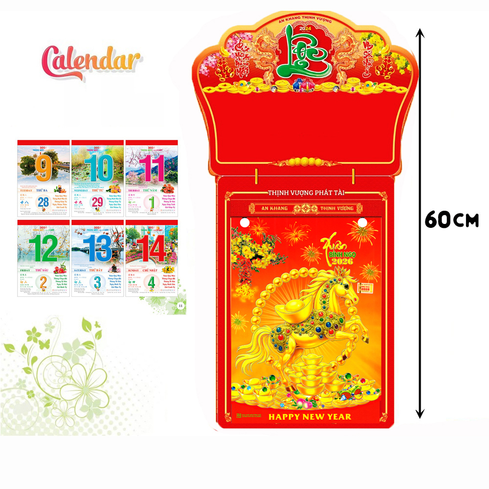 Lịch Bloc Siêu Đại Chúc Mừng Năm Mới Bính Ngọ 2026 kích thước tổng chiều dài 60cm Giấy bóng đẹp có ngày tháng hoàng đạo tham khảo - Hàng Chất Lượng