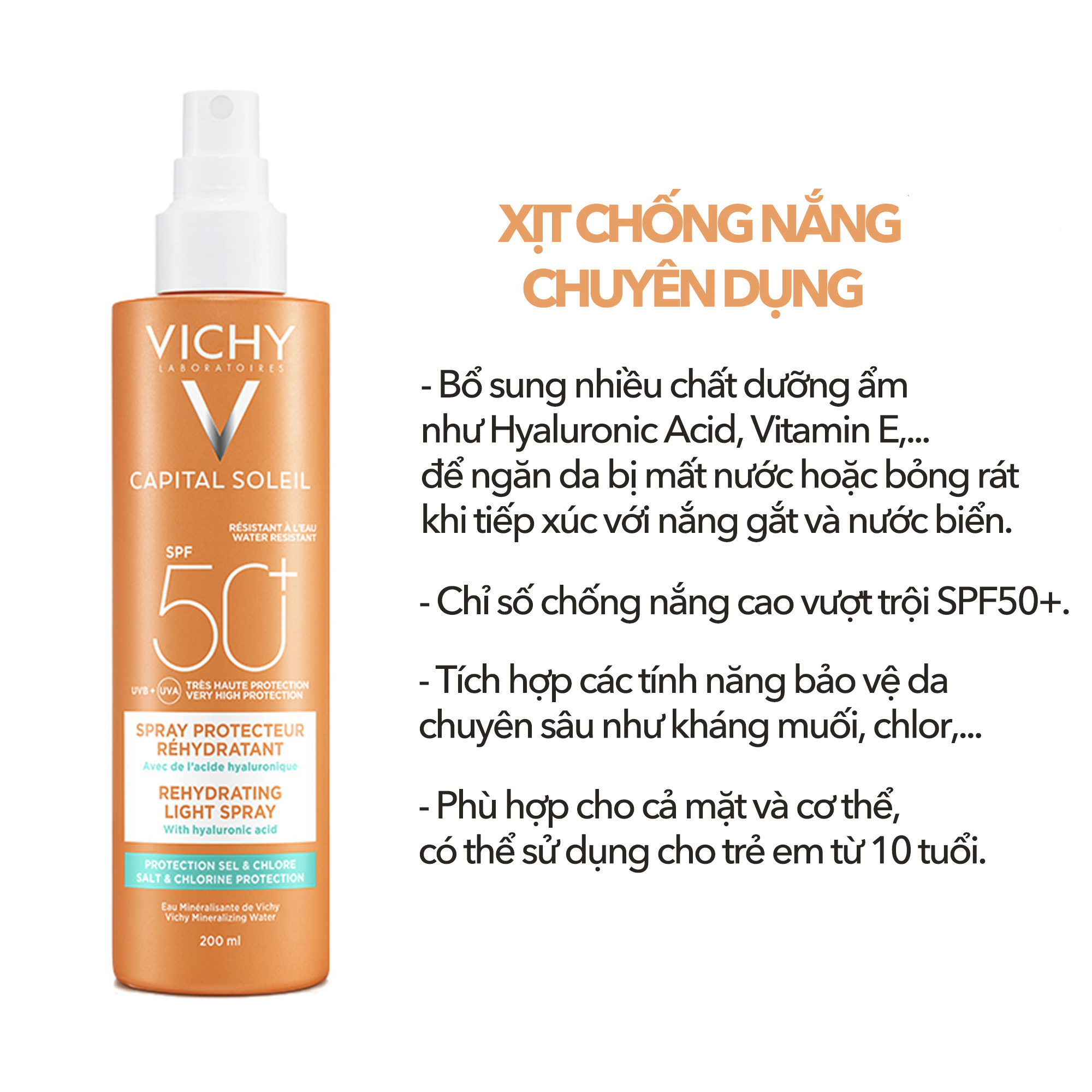 Xịt Chống Nắng Toàn Thân Lâu Trôi Vichy Capital Soleil SPF50+ 200ml (Tặng băng đô mèo xinh xắn)