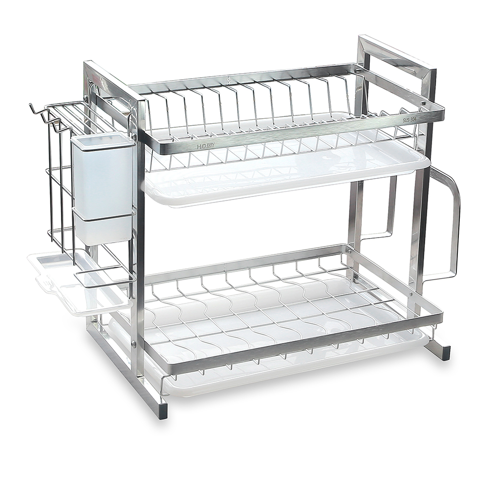 Kệ chén đa năng 2 tầng inox 304 Hobby Home Decor KC2T kèm khay hứng nước, ống đũa, giá treo thớt không rỉ sét