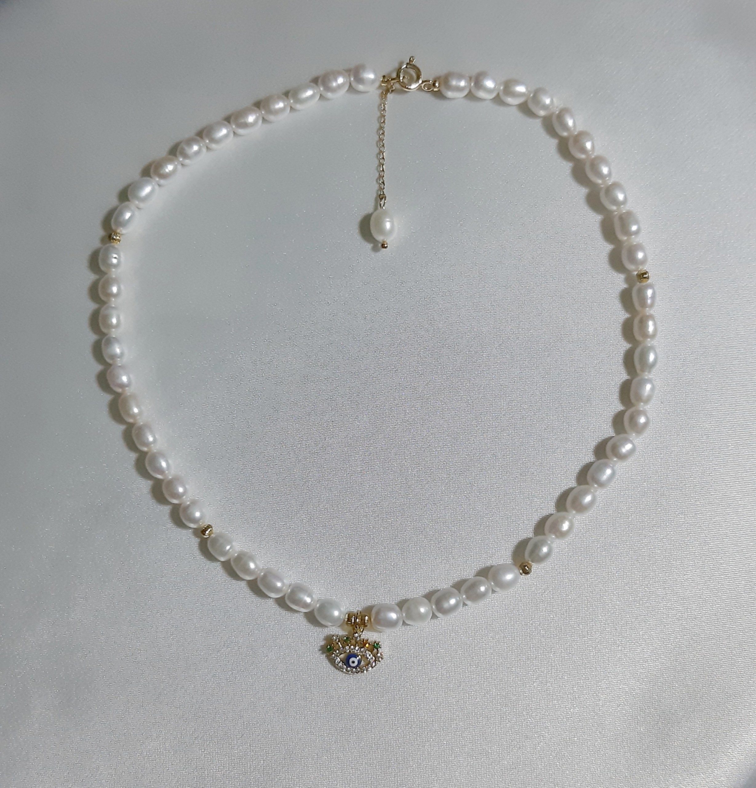 Vòng cổ handmade VIVIAN hạt trai 5-6mm phối charm khảm Zirconia mạ 18k