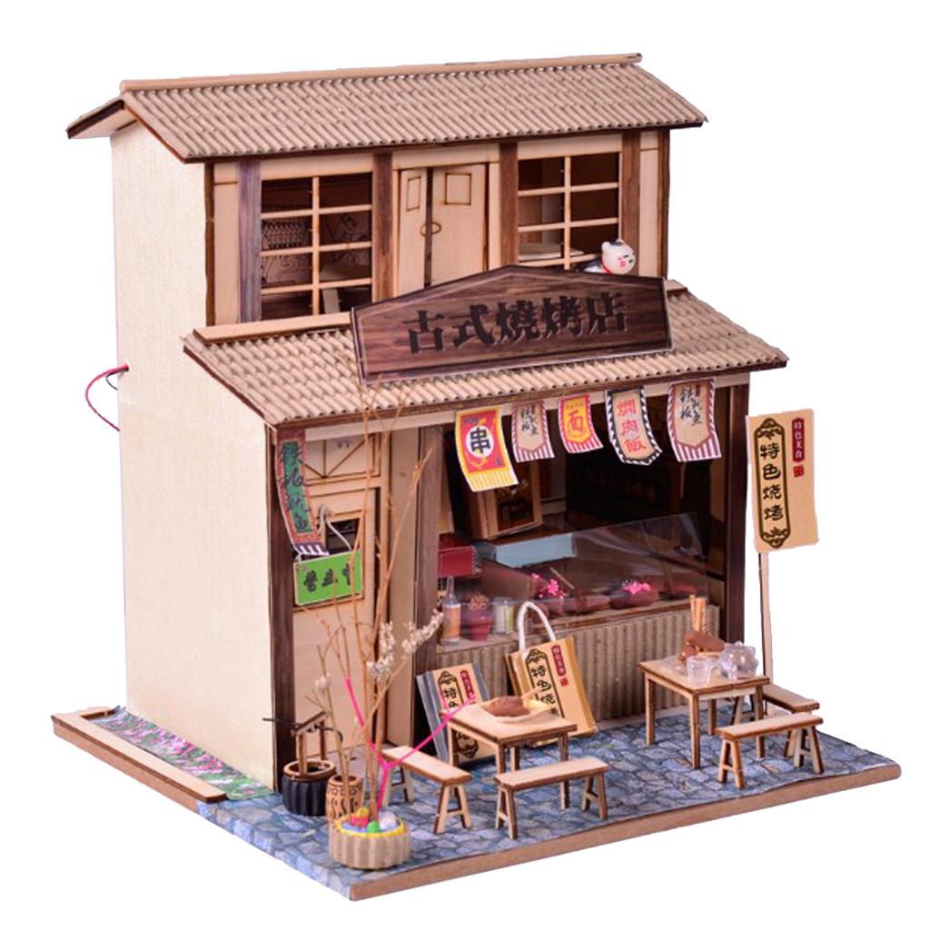 1/24 DIY Nhà Búp Bê Mini Bộ với Nội Thất, Ánh Sáng BBQ Nhà Hàng Quà Tặng