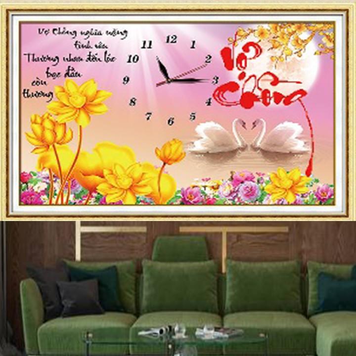 Tranh đá vợ chồng thiên nga hoa sen vàng đồng hồ LG1151 - kích thước: 75 * 49cm.