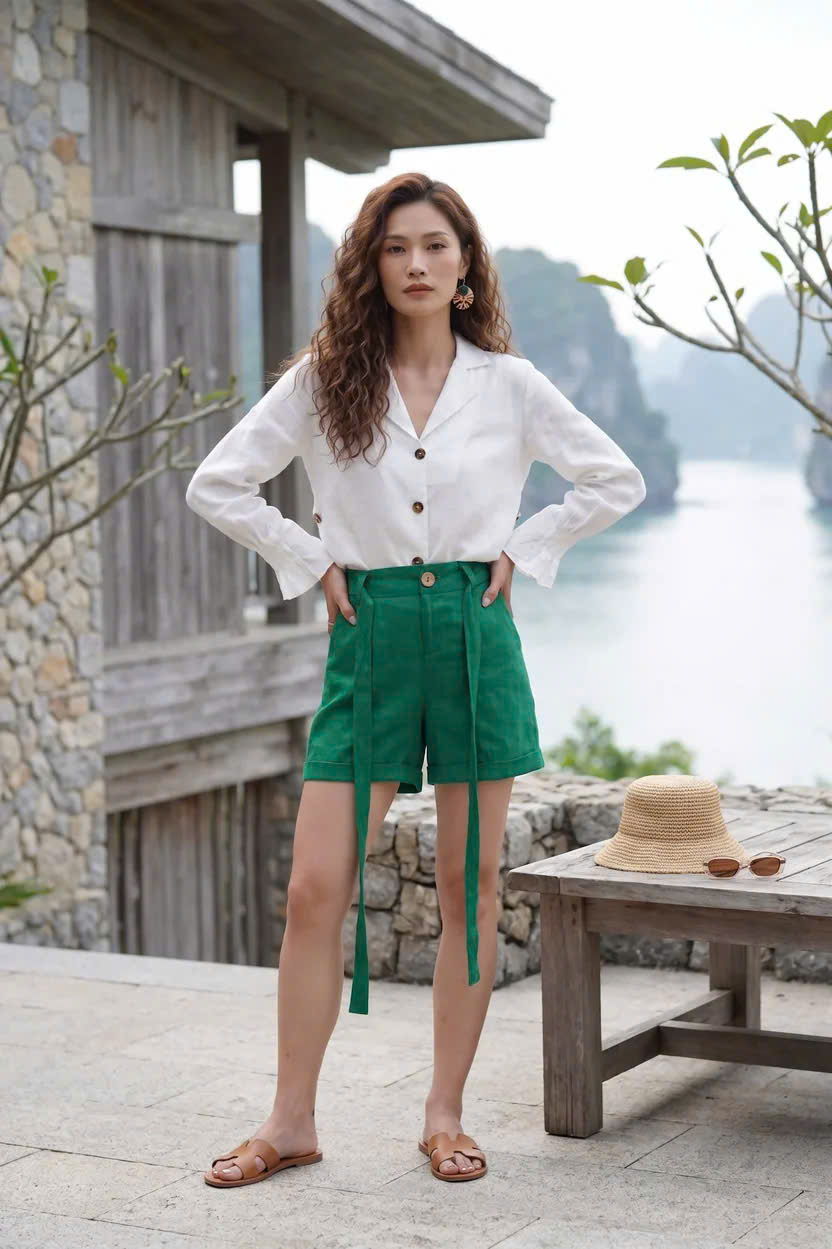 Quần Short Nữ Linen Xanh Lá Pan011 Thời trang Hity