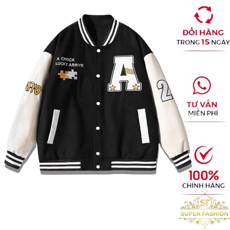 Áo Khoác Bomber Super Fashion Nam Nữ Nỉ Ngoại Fom Rộng Dày Đẹp Thiêu Chữ A Phối Tay Trắng