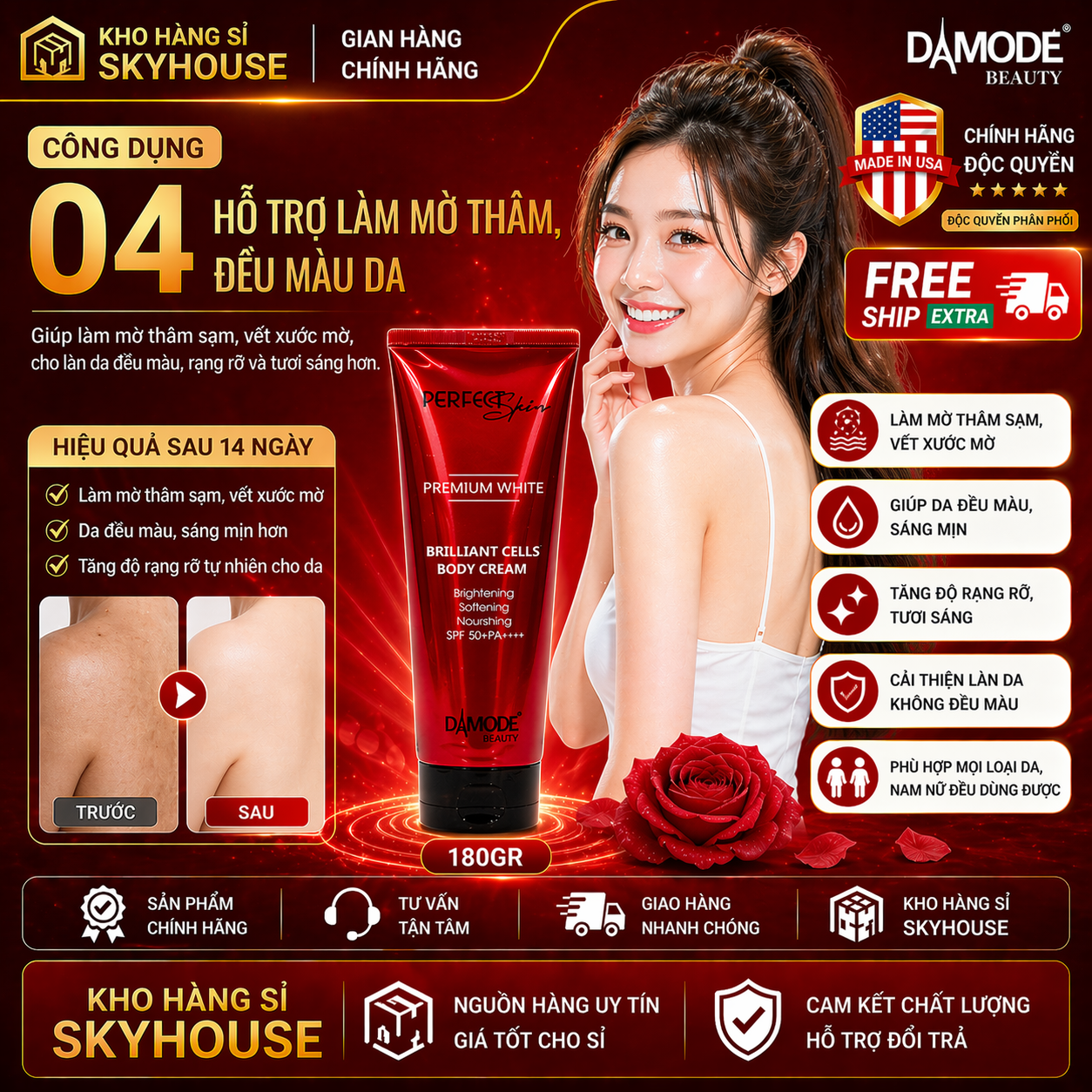 Kem body trắng da BRILLIANT CELLS DAMODE chai 180gr kem body dưỡng ẩm đều màu da chính hãng