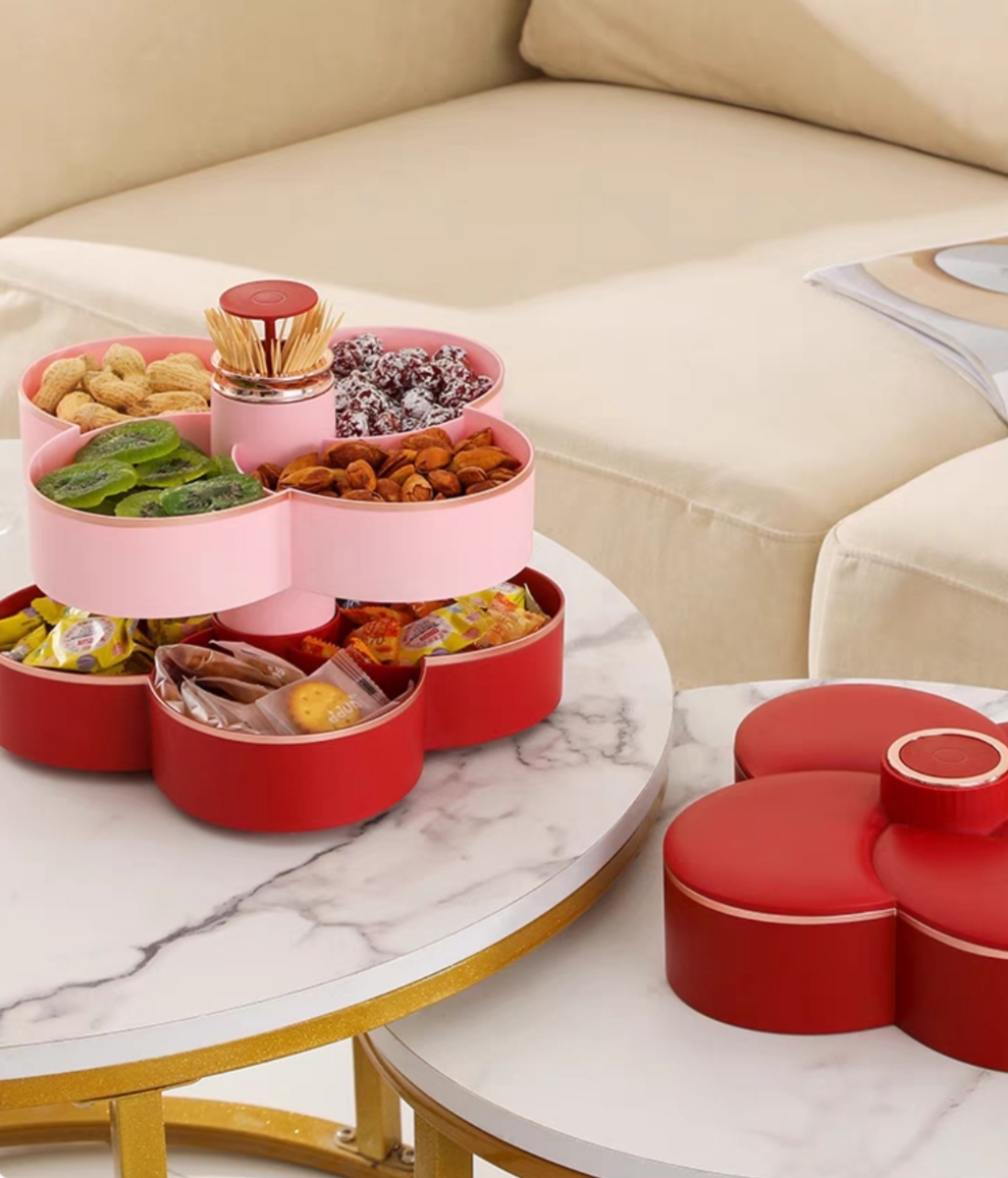 Khay đựng mứt tết Hoa Đào Tết 2 Tầng kèm lọ đựng tăn 2 in 1 - Khay đựng đồ ngày tết: Bánh kẹo, trái cây, đồ sấy