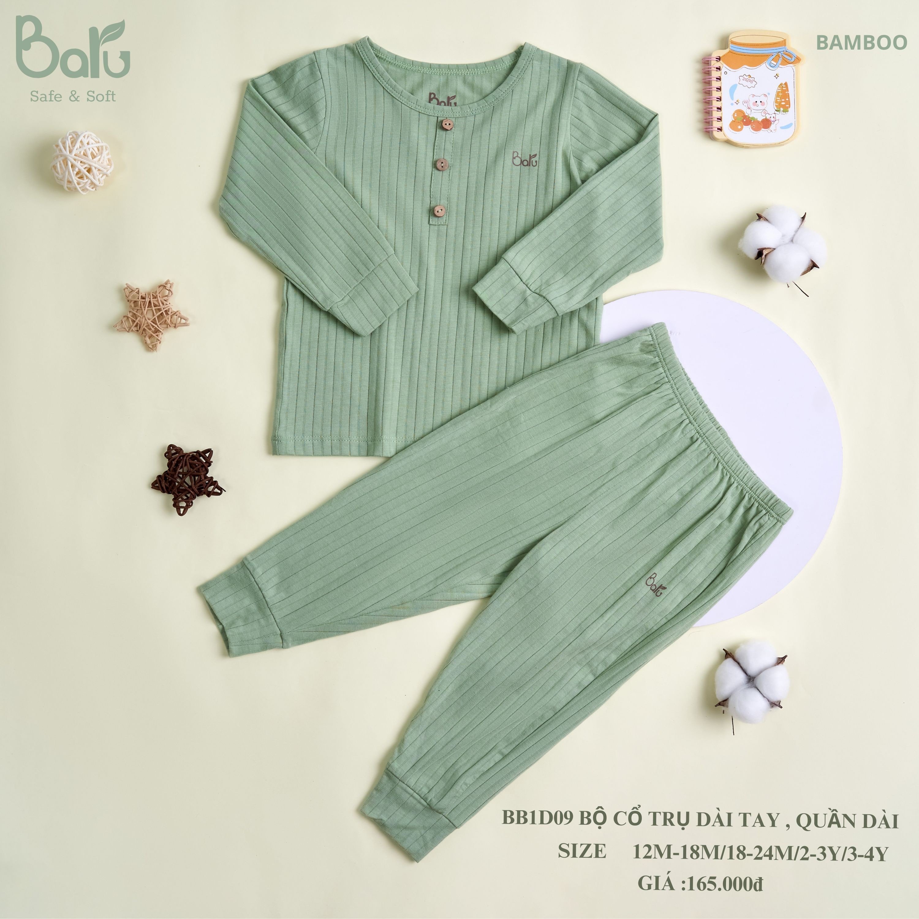 Bộ sơ sinh  BARU cotton dài tay,cài lệch kèm phụ kiện thời trang trẻ em ( 0-3m )