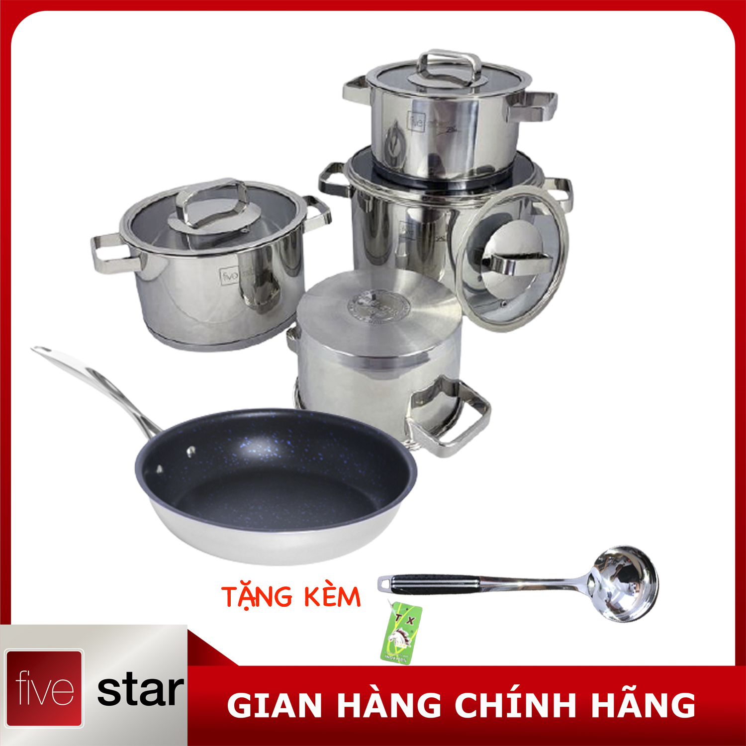 Bộ nồi và chảo chống dính vân đá inox 304 cao cấp Fivestar Plus 5 món nắp kính , tặng 1 vá canh