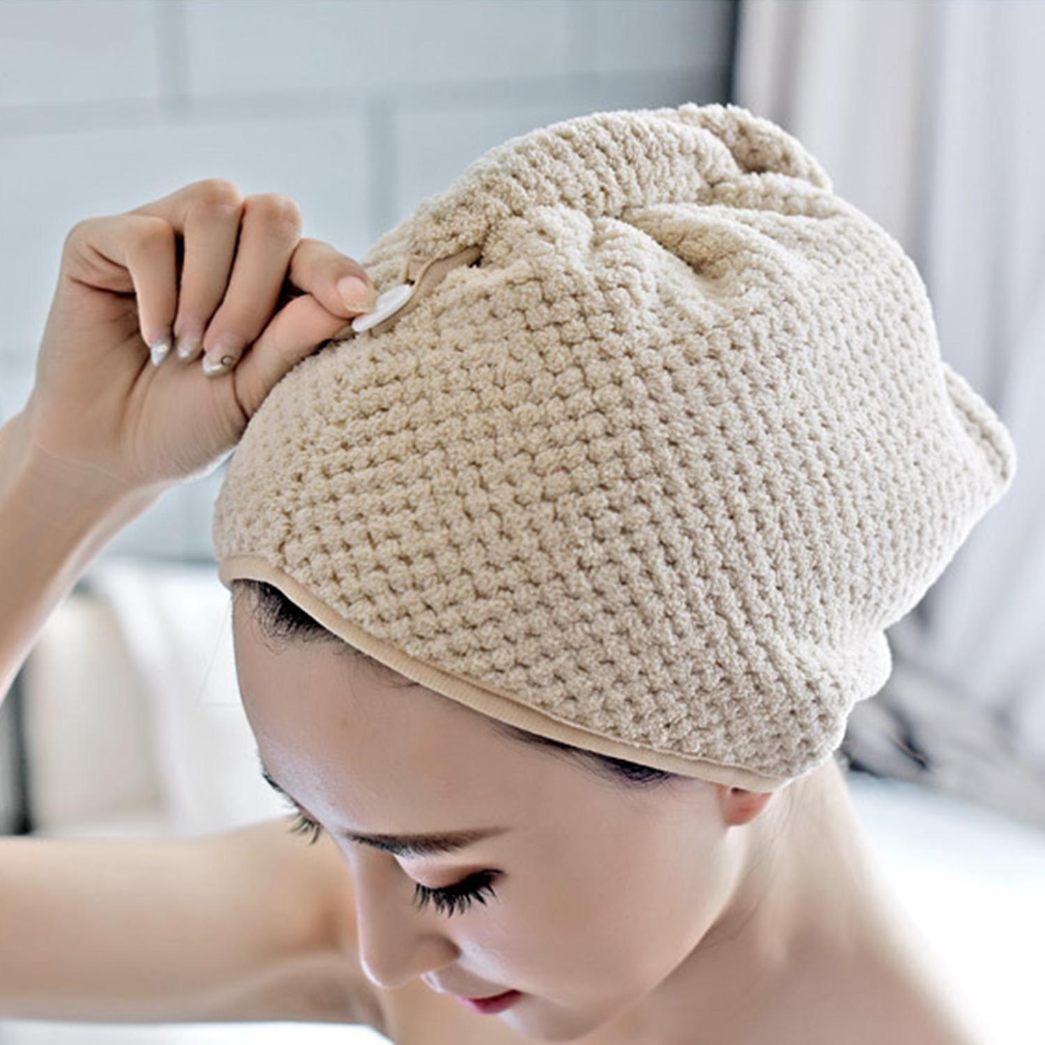 Khăn ủ tóc quấn đầu lông cừu nhanh khô siêu thấm nước cao cấp có nút