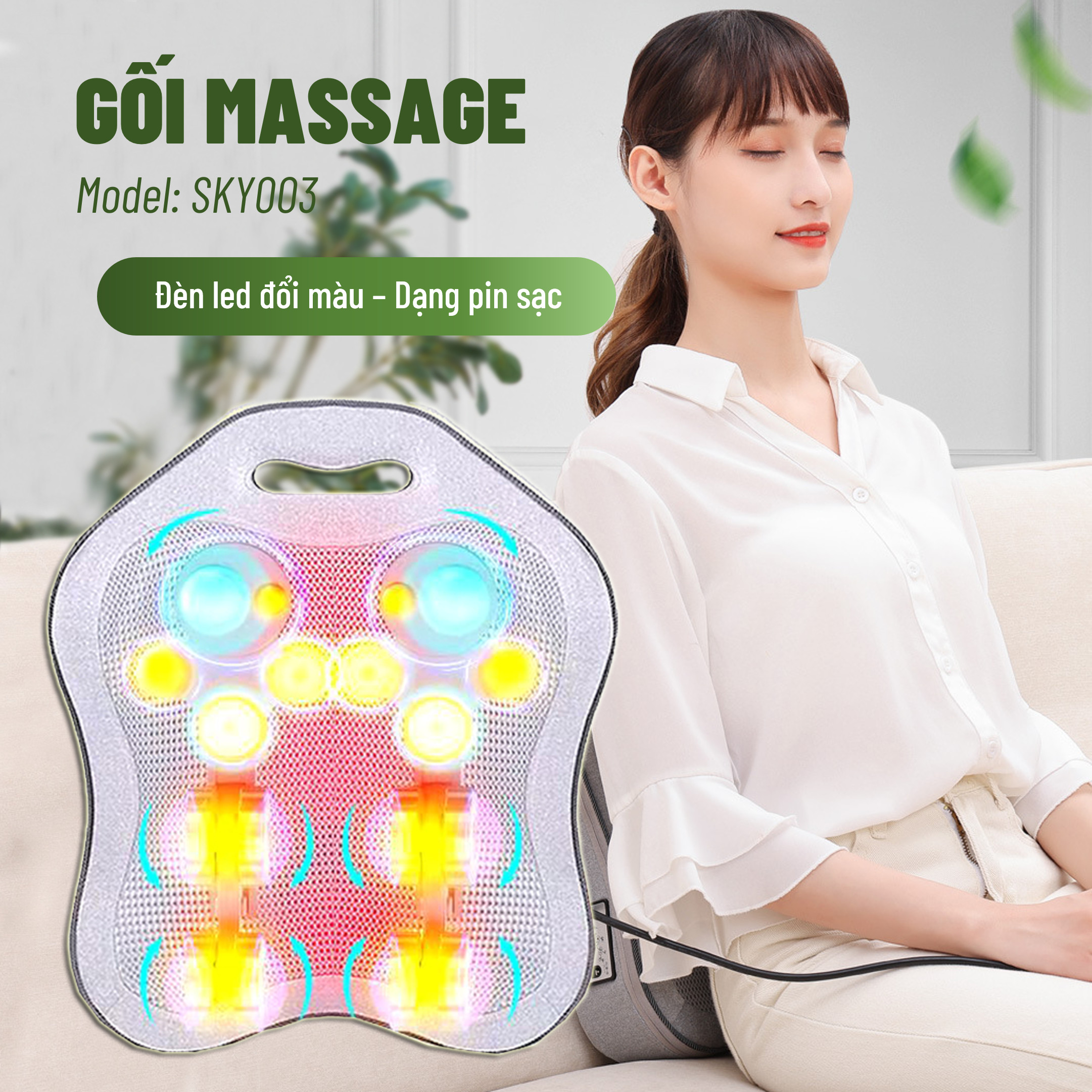 Gối Massage Hồng Ngoại đèn led 7 màu MODEL 2021 - Giúp Mát Xa Vai, Cổ, Gáy, Cột Sống Lưng Đa Năng Kết Hợp Với Chế Độ Rung Và Nhiệt - Chất Liệu vải nỉ cao cấp