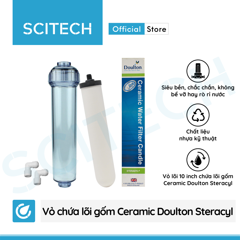Vỏ lõi gốm Ceramic Doulton Steracyl 10 inch kèm 2 co nối (Không bao gồm lõi gốm) - Hàng chính hãng