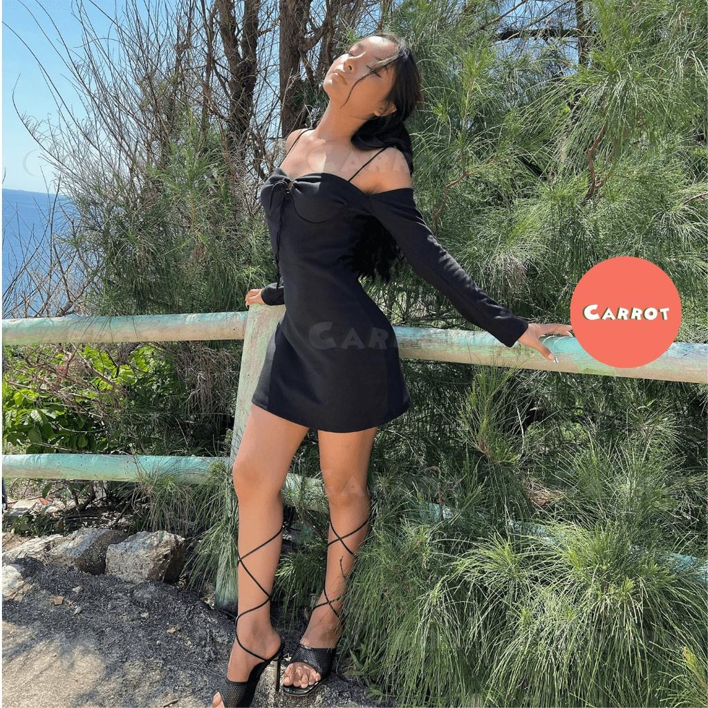 Đầm ôm body thiết kế 2 dây tay dài khoét ngực sexy đi chơi đi du lịch carrotxinhdep chất co giãn thun cao cấp