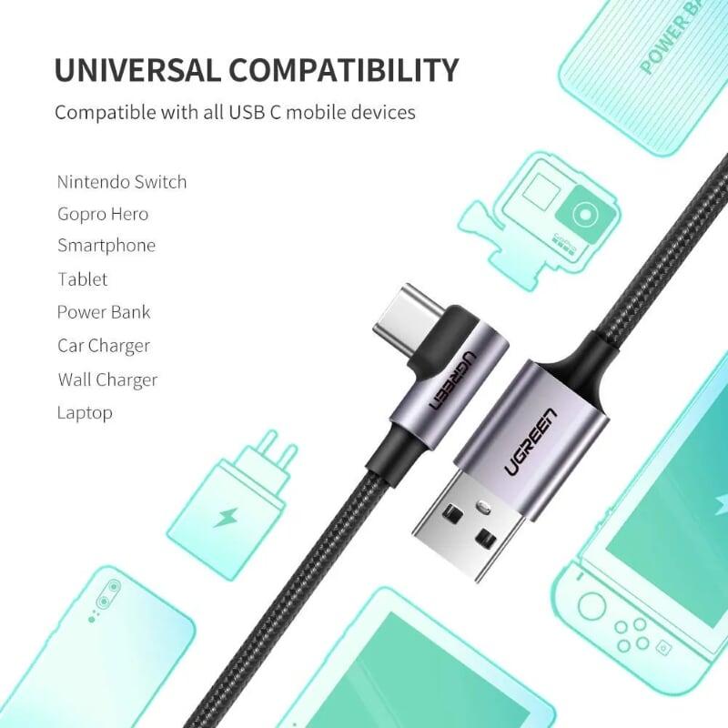 Ugreen UG50942US284TK 2M cáp USB ra type C bẻ góc 90 độ hỗ trợ sạc nhanh 2.0 3.0 - HÀNG CHÍNH HÃNG