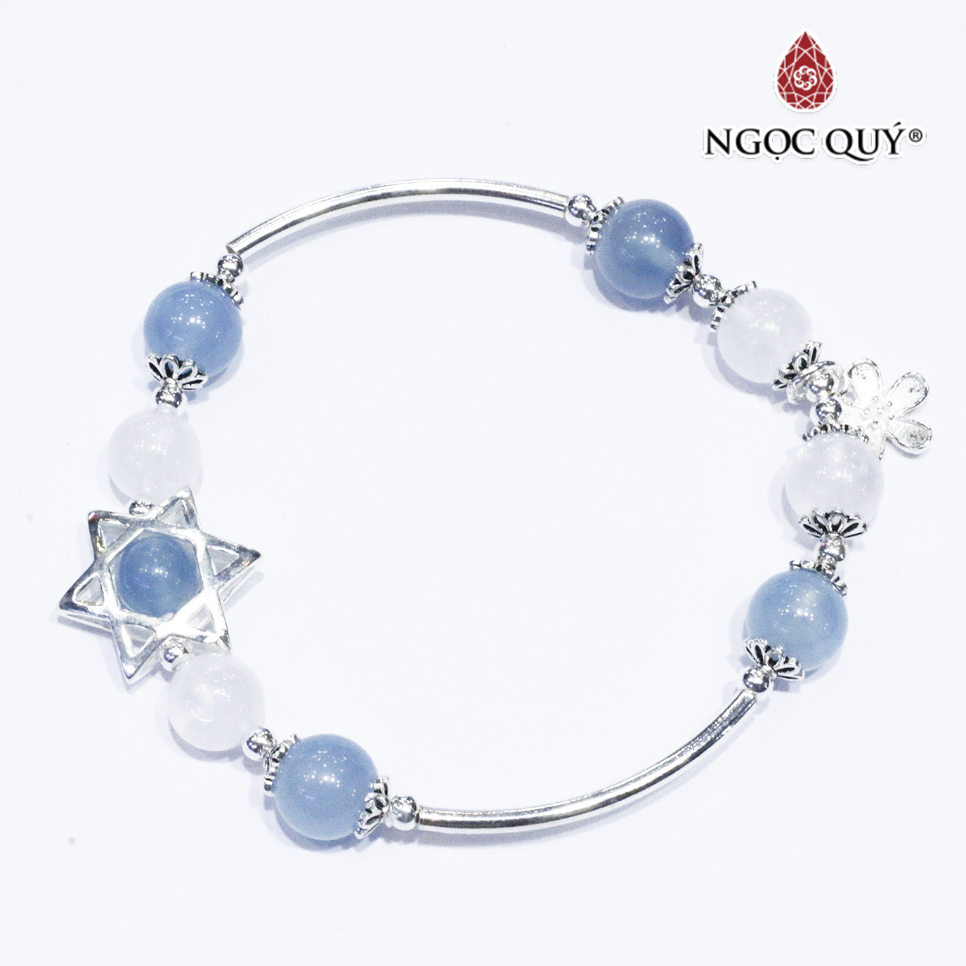 Vòng thạch anh ưu linh trắng phối aquamarine charm bạc - Ngọc Quý Gemstones