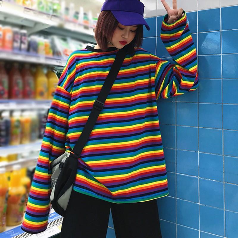 Áo thun tay dài cổ tròn hoạ tiết kẻ sọc thiết kế dáng rộng thoải mái