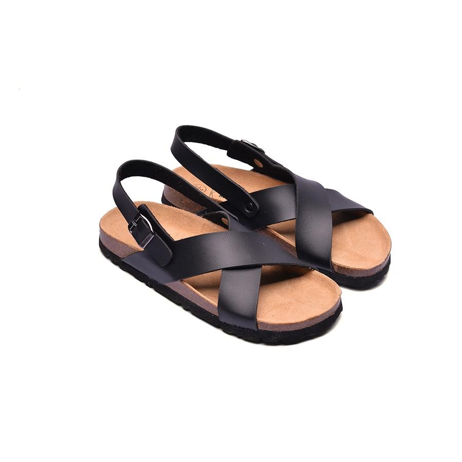 Giày Sandal Unisex Huucuong quai chéo đen đế trấu handmade