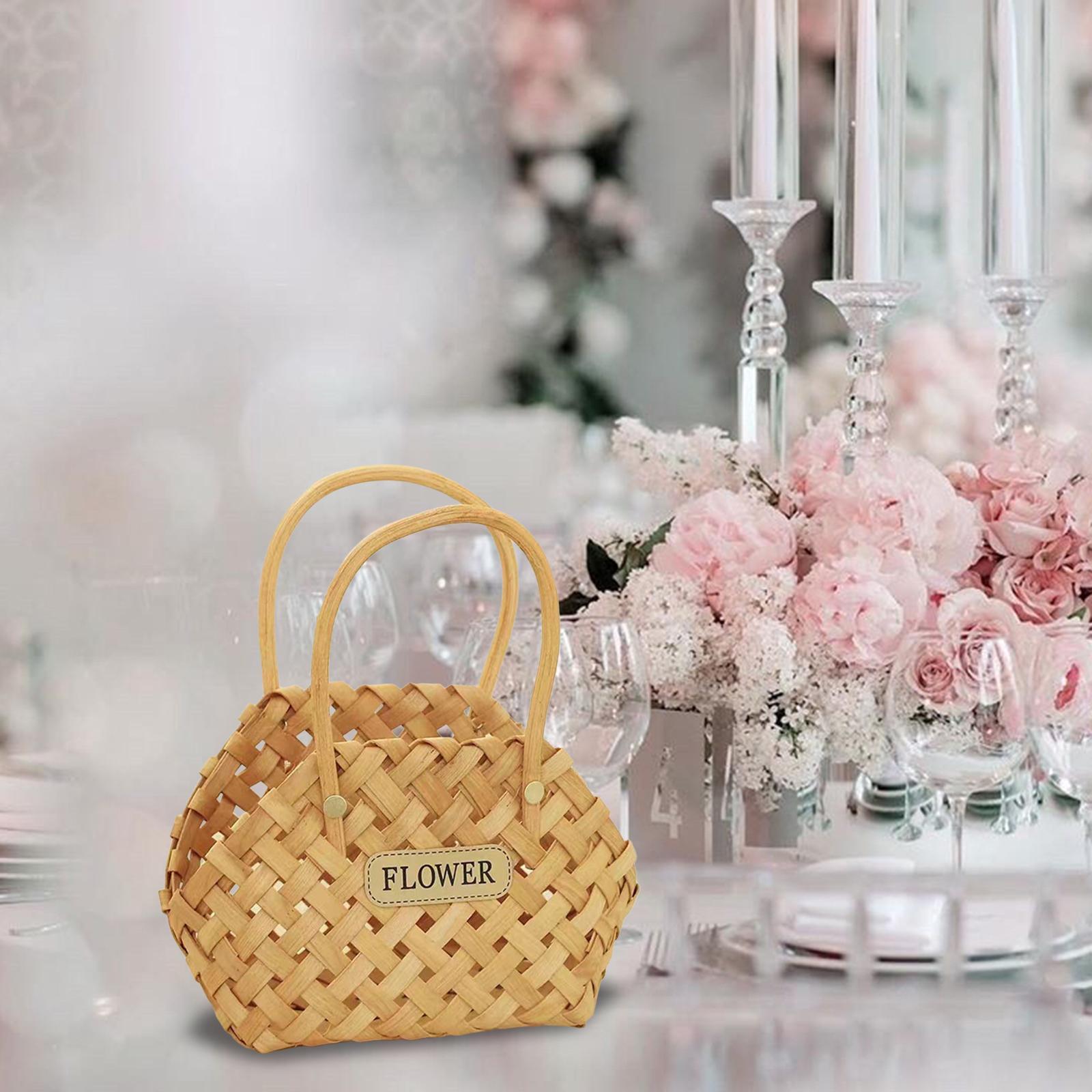 Pastoral Basket Storage Basket with Handle Handmade Wood Basket Storage Serving Basket for Flower Wedding Outdoor Camping Countertop