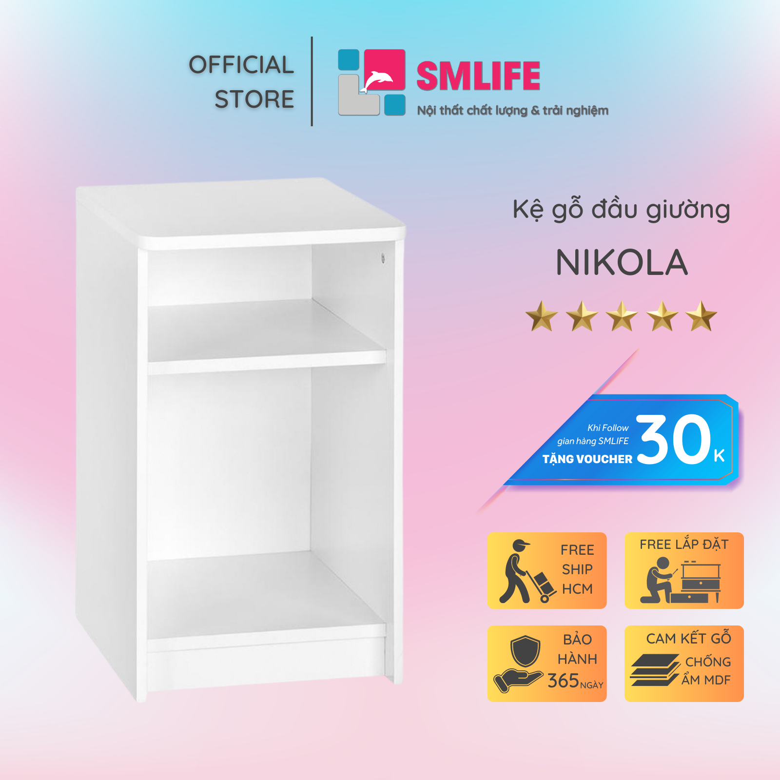 Tủ gỗ đầu giường hiện đại SMLIFE Nikola | Gỗ MDF dày 17mm chống ẩm | D32xR30xC55cm