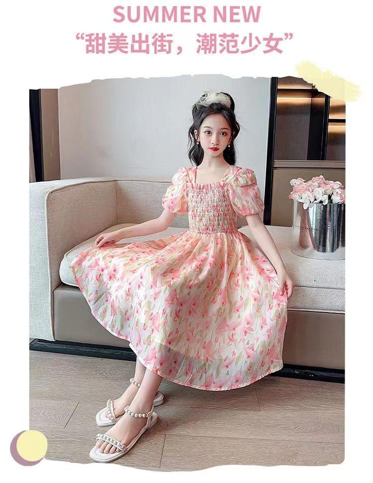 SHUANGYAN Cô gái váy mùa hè phong cách phương Tây 2023 Big Boy mùa hè váy chiffon mùa hè cô gái mảnh hoa mối tình đầu váy