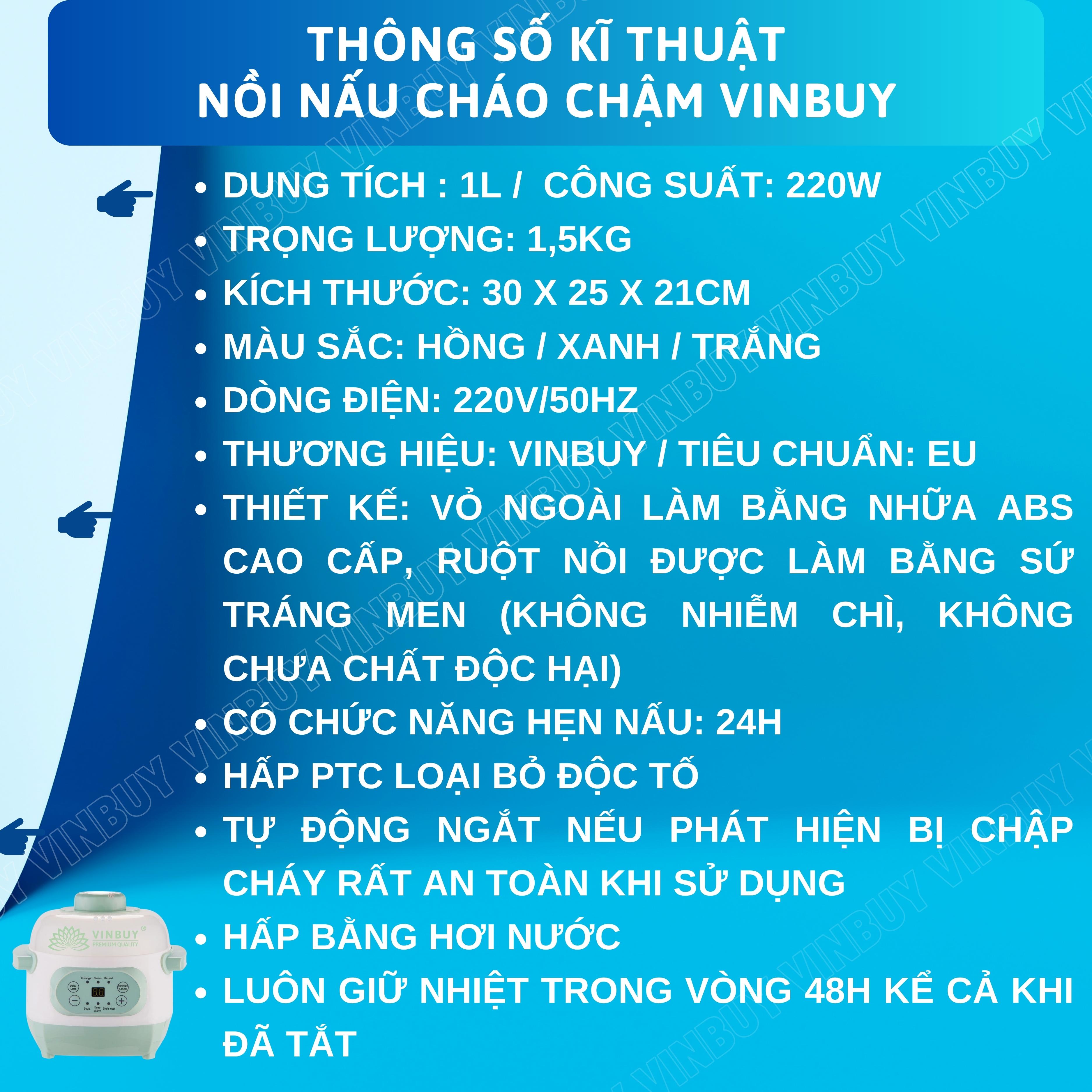 Nồi nấu cháo chậm cho bé VINBUY, ăn dặm, hầm thuốc bắc, hấp, chưng yến giữ trọn chất dinh dưỡng, dung tích 1 lít, công suất 200W - Hàng chính hãng