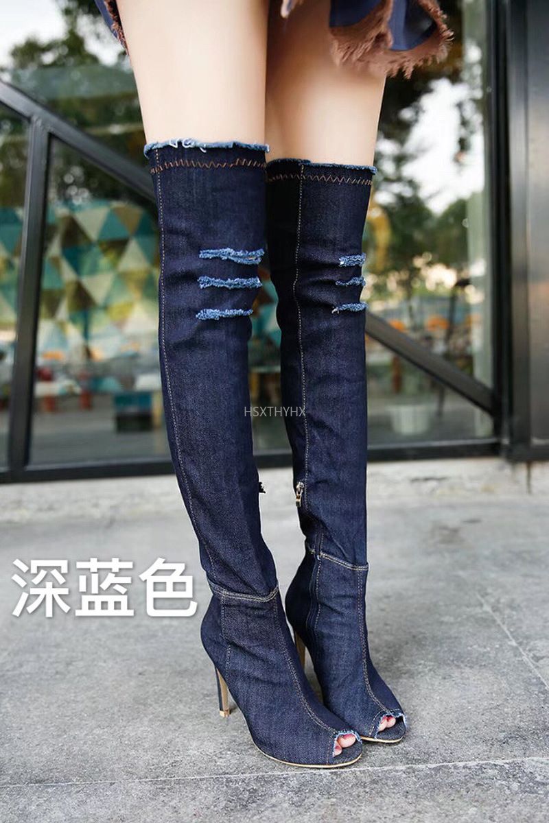 Denim Thời Trang Cao Cấp Ống Stovepipe Co Giãn Giày Nhọn Trên Đầu Gối Giày Tốt Với Nữ Cao Gót Giày thủy Triều Mùa Đông