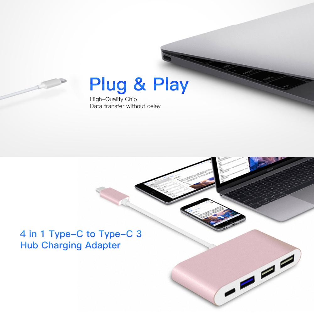 4 in 1 Type-C to Type-C 3 Hub Charging Port Type-C to USB 3.0 Adapter Cable USB C to 3 Hub Fast Speed (Sliver)