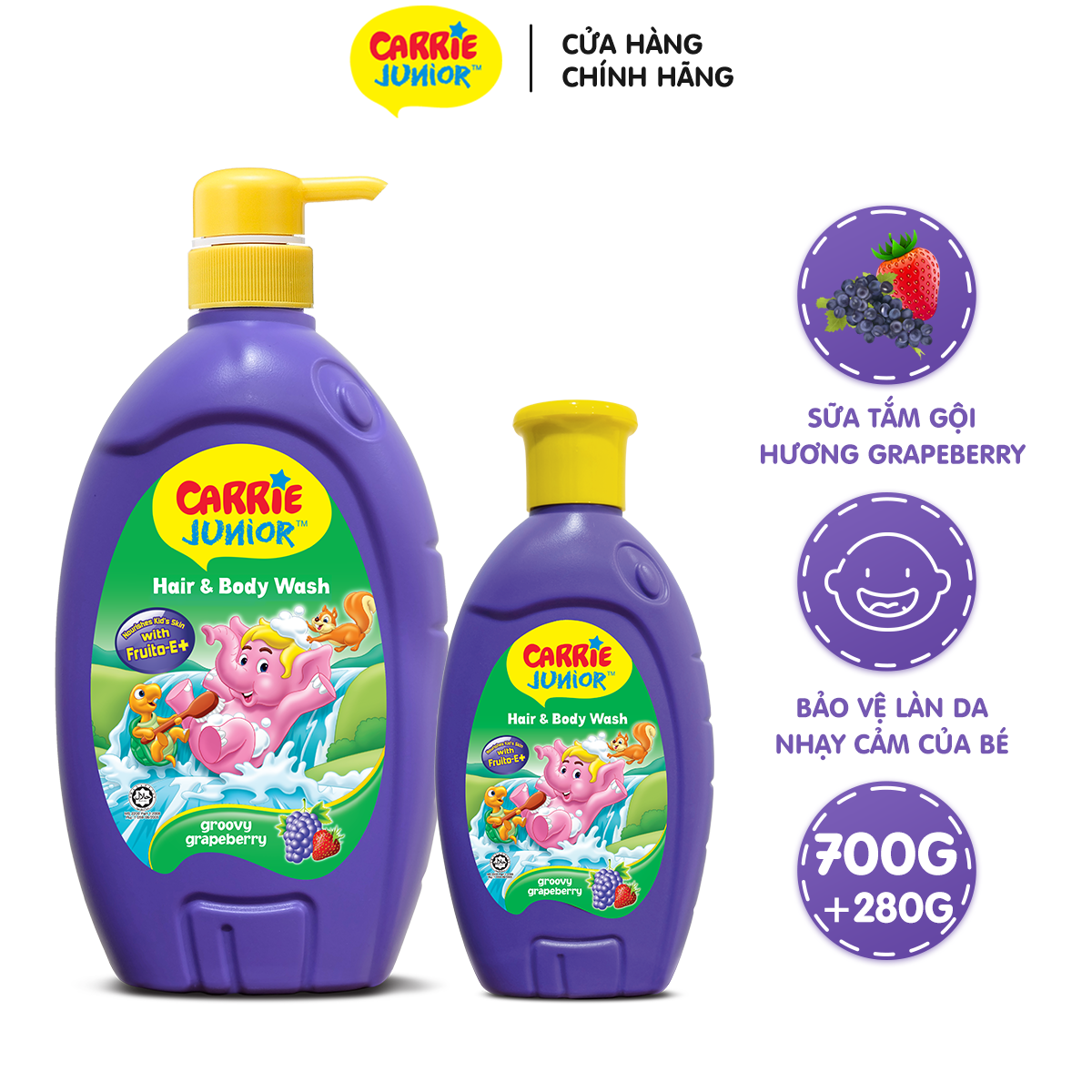 Combo Sữa Tắm Gội cho bé Carrie Junior Hương Grapeberry 700g + 280g