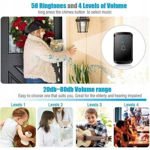 Chuông cửa không dây chống nước ngoài trời, Chuông cửa không dây chống nước điện, Phạm vi 300m, Bộ chuông cửa với đèn flash LED, 58 giai điệu, 1 máy phát+1 máy thu