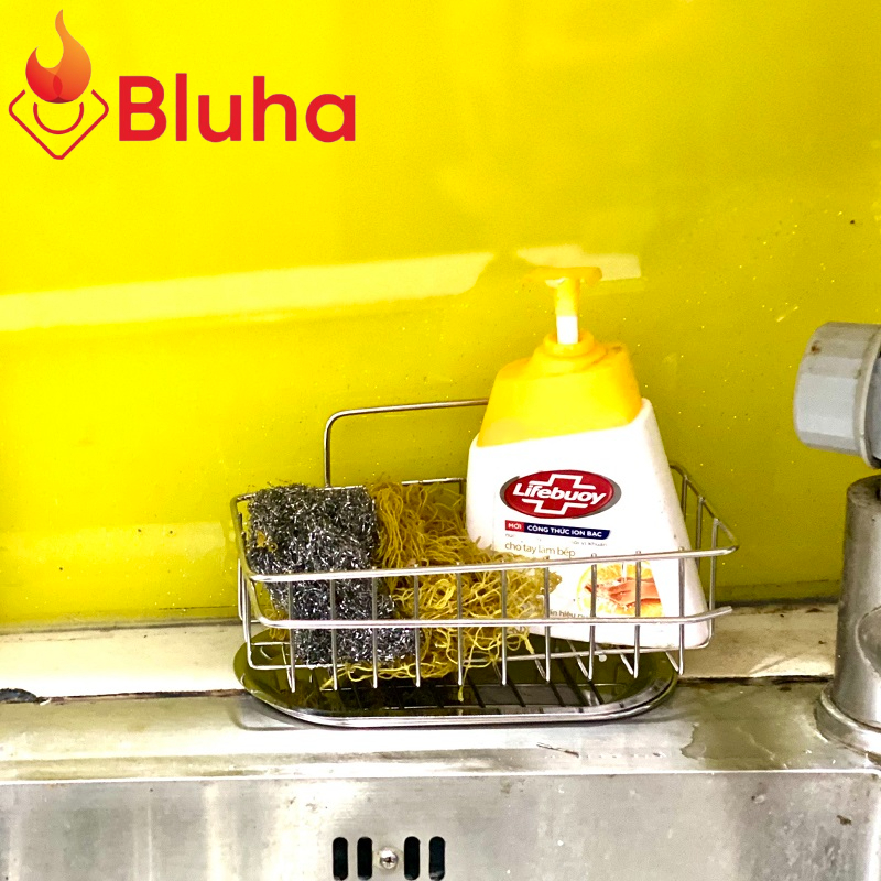 Giá để Giẻ Rửa Bát Dán Tường Inox KRC4 - Giỏ treo đồ rửa chén Kèm Khay Hứng Nước và Thanh phơi khăn tiện dụng không han rỉ