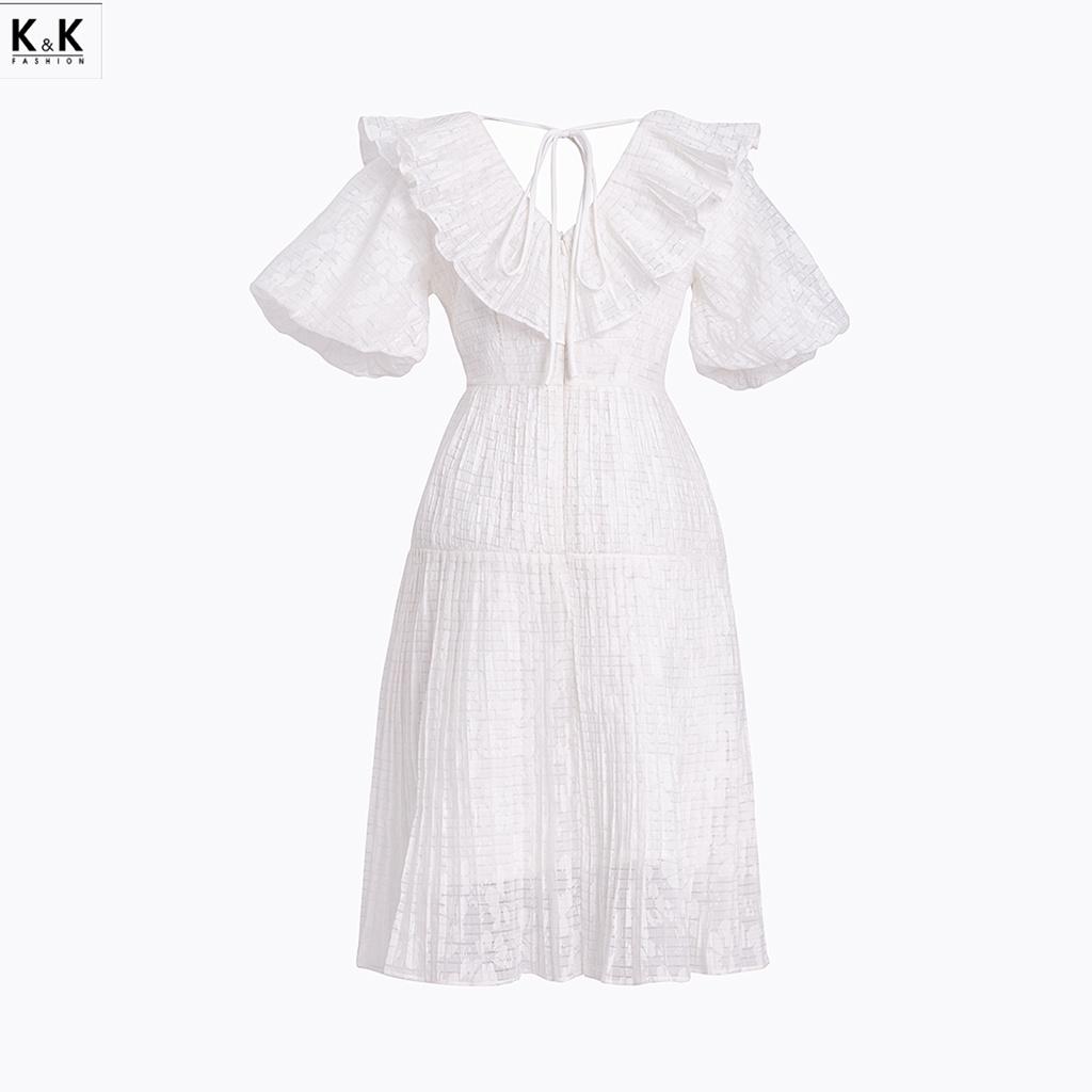 Đầm Trắng Dáng Xòe Cổ Viền Bèo Tay Phồng K&amp;K Fashion KK120-36 Chất Liệu Tơ Bông Ép