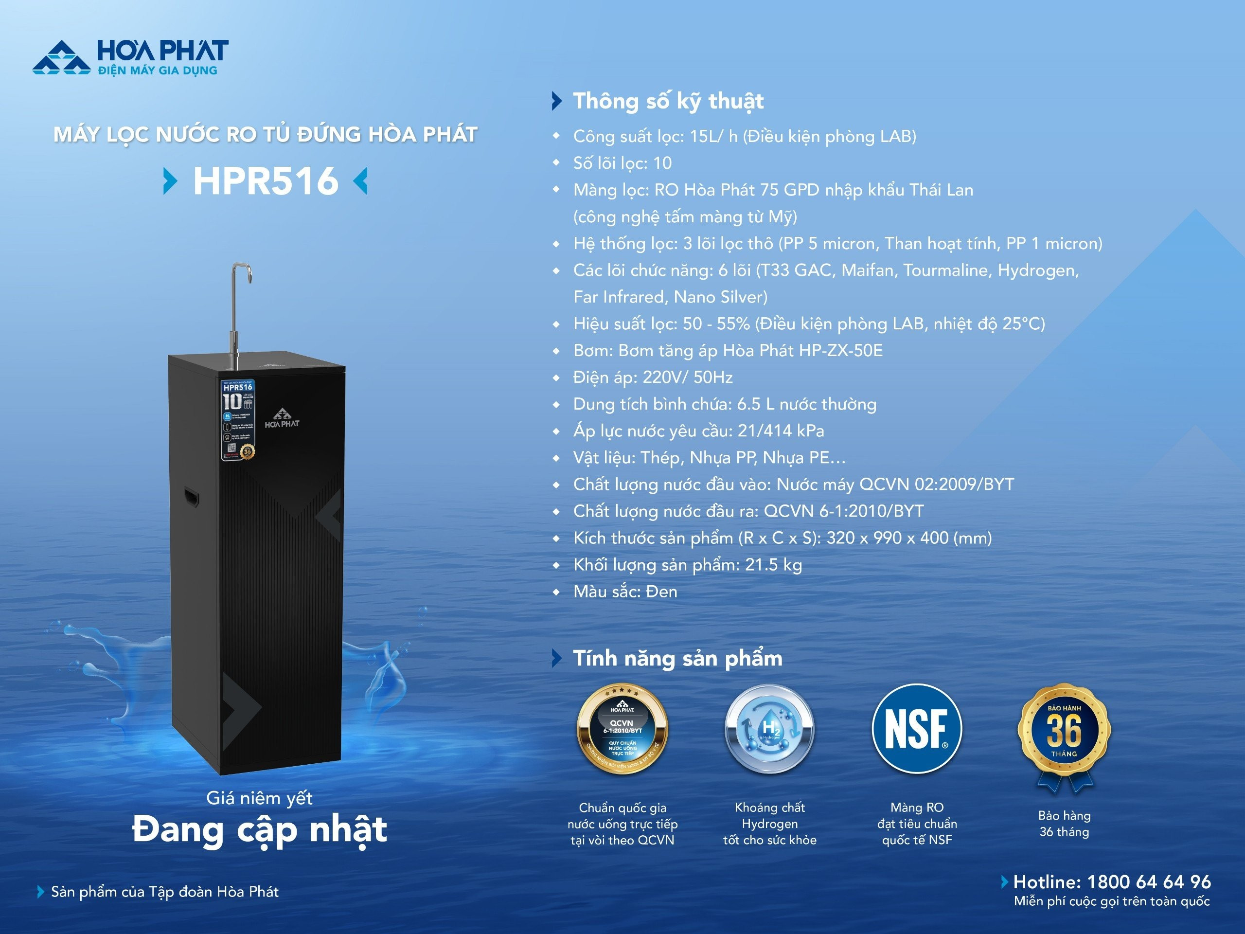 Máy lọc nước RO tủ đứng Hòa Phát HPR516 - Hệ thống 10 lõi - Hàng chính hãng - Bảo hành 3 năm