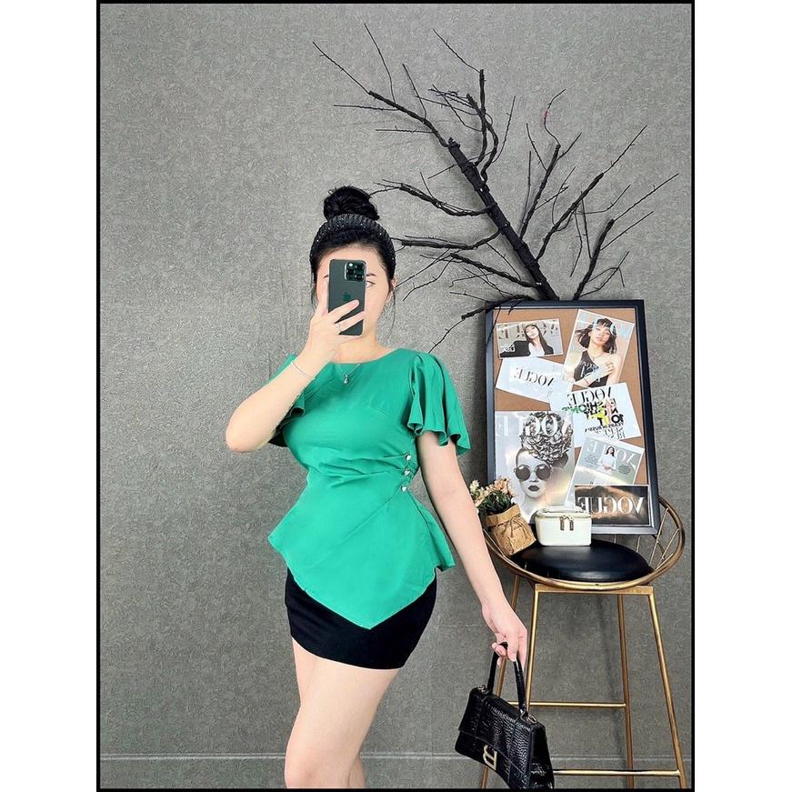 Áo sơ mi kiểu nữ peplum cổ tròn VẠT NHỌN TAY BÈO có chun eo giấu bụng hiệu quả
