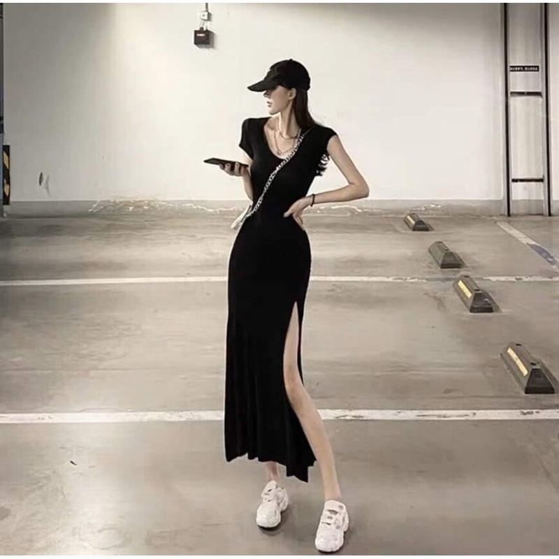 Đầm váy nữ maxi body đen xẻ dài tôn dáng