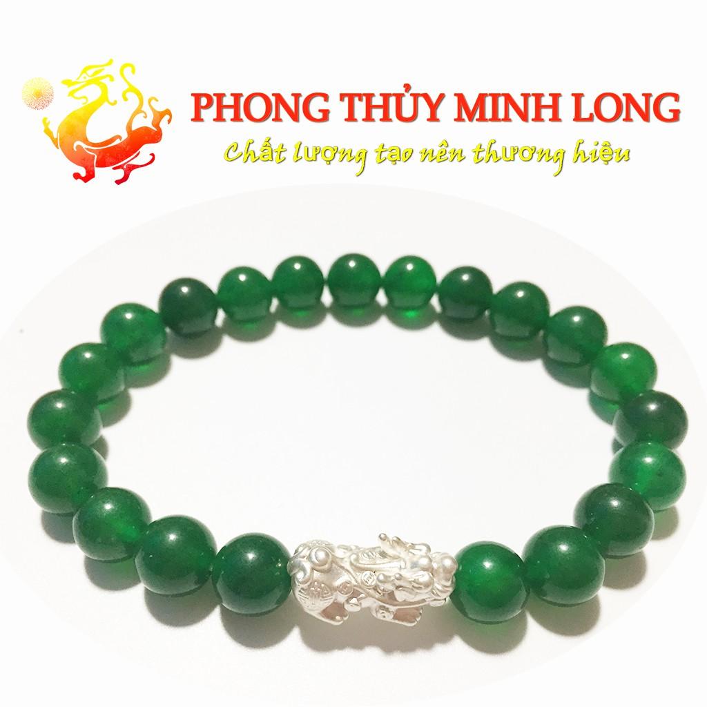 Vòng đá Mã Não Xanh chất lượng 3A mix tỳ hưu Bạc hợp với người mệnh Hỏa và Mộc