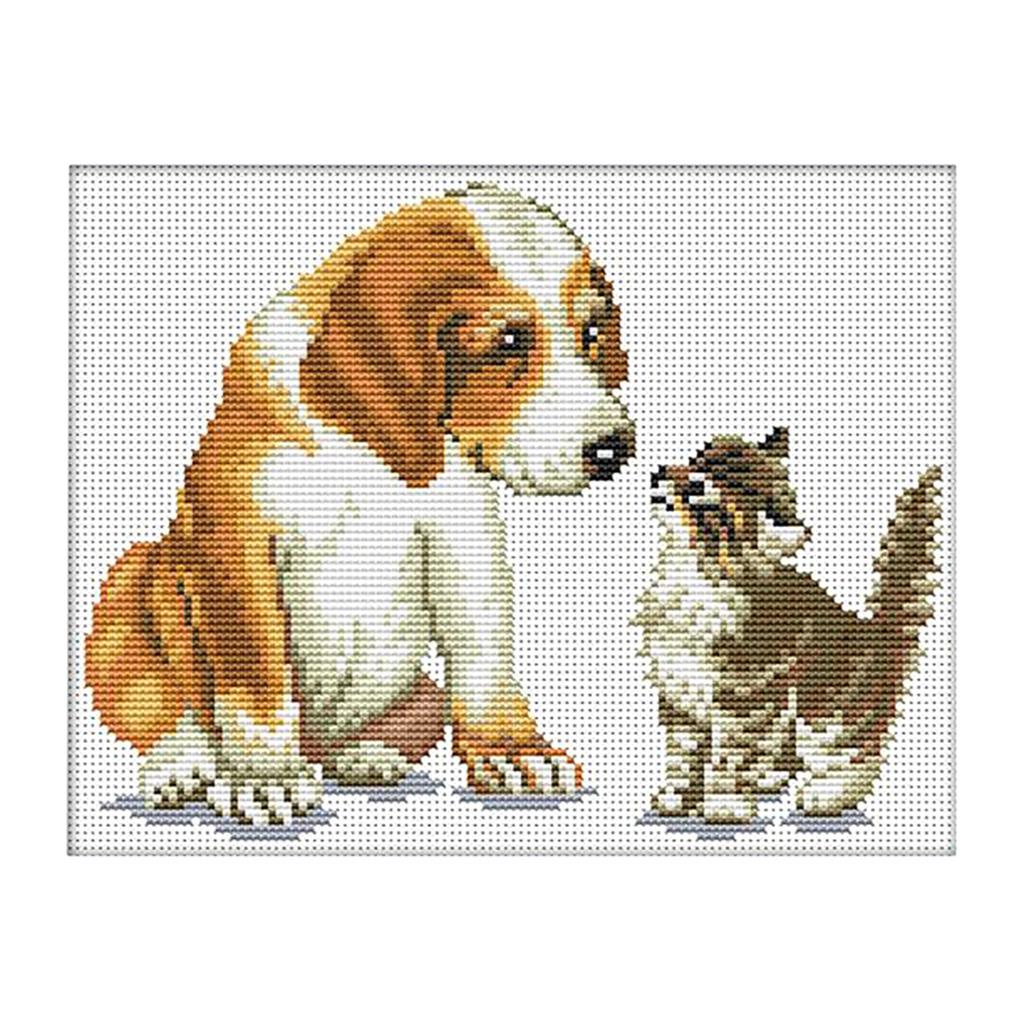 DIY Stamped Cross Stitch Kit Pre-Printed Pattern - Dog Cat 11 Count 35x29cm