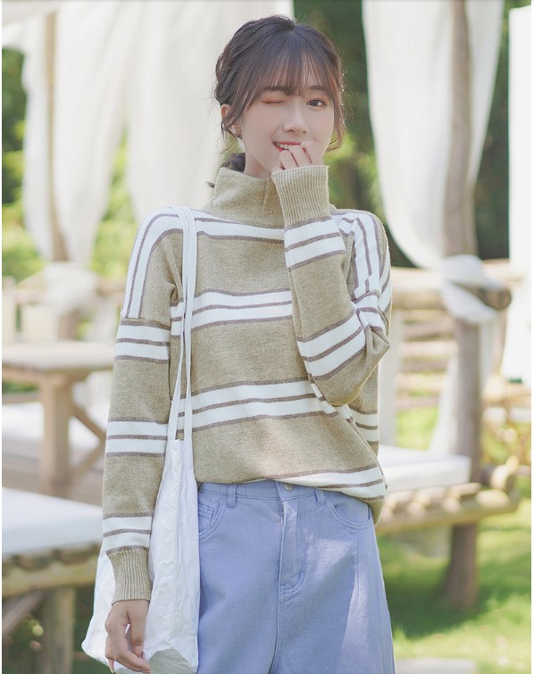 Áo len nữ phom rộng cao cổ sọc màu kiểu Hàn dễ thương - DL37245 - Hàng Quảng Châu