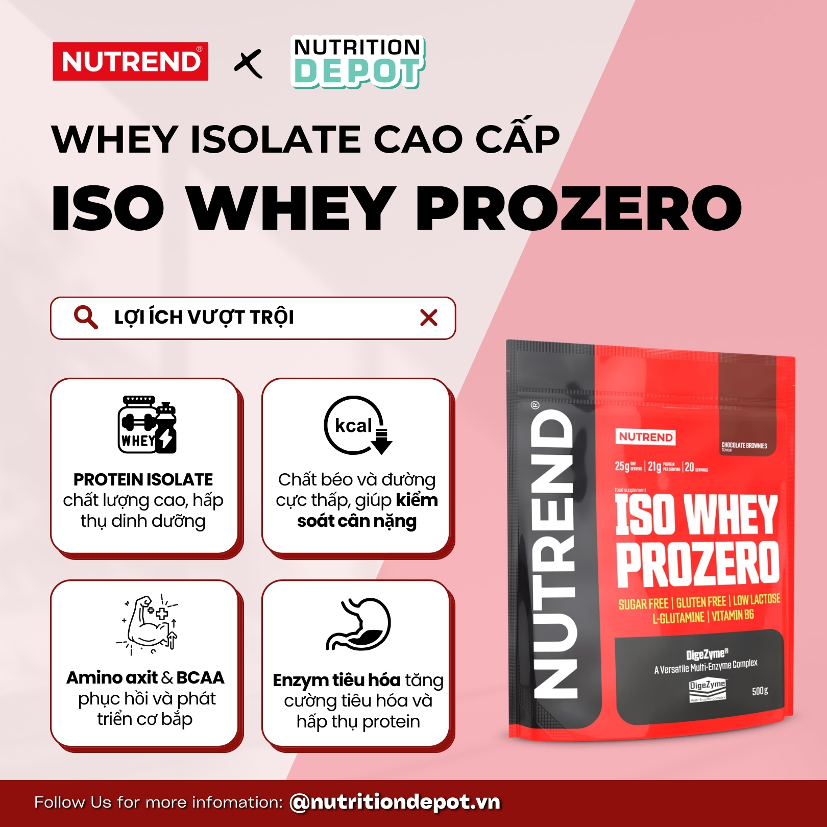 Whey Isolate cao cấp bổ sung đạm protein - Nutrend Whey Protein Isolate Iso Prozero (Túi 500g) - Nutrition Depot Vietnam