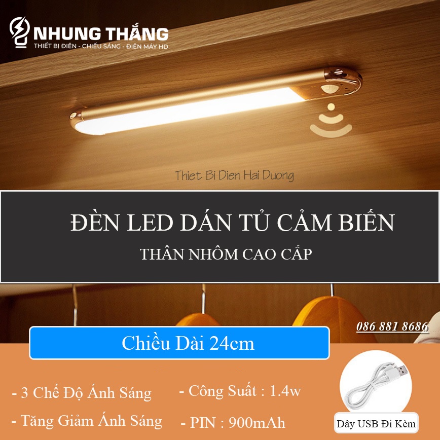 Đèn Led Dán Tủ Cảm Biến Thân Nhôm Cao Cấp WH-L01-GY - 24-40cm - 3 Chế Độ Ánh Sáng -Tăng Giảm Ánh Sáng-Pin Sạc Tích Điện - Có Video