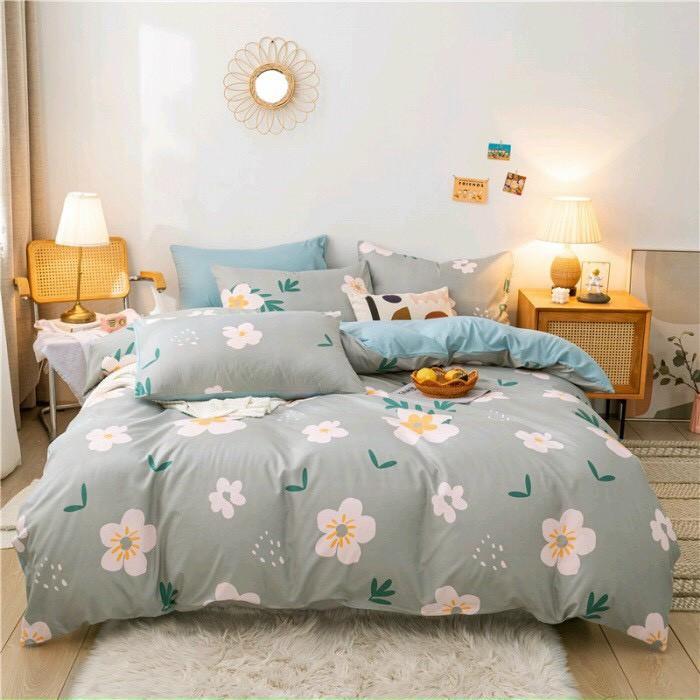Bộ chăn ga Cotton Poly M2T bedding chăn ga Hàn Quốc Hoa trắng bạc đủ size miễn phí bo chun