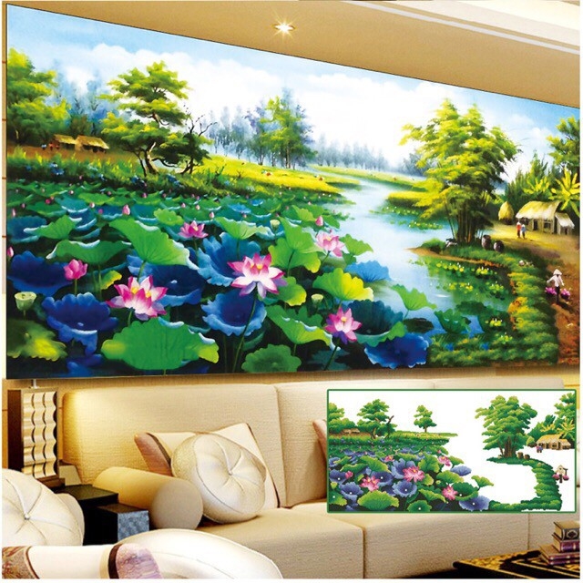 Tranh đính đá Cảnh Đẹp Đầm Sen (150*75cm) chưa đính đá