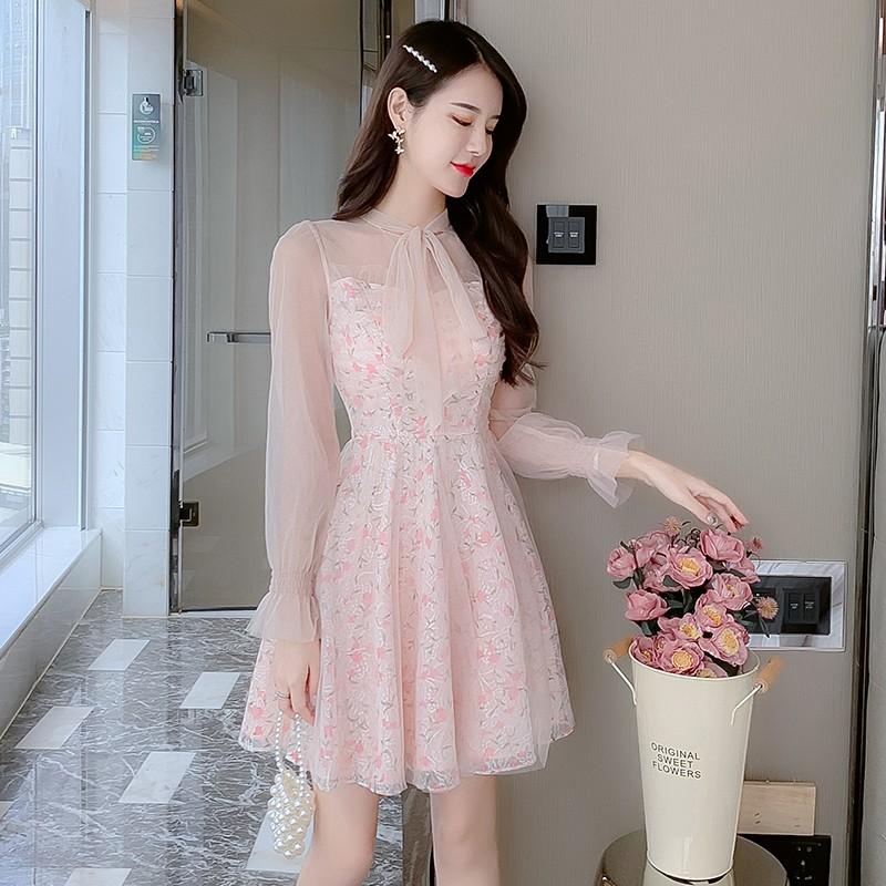 Đầm Váy Nữ Hoa Nhí Tiểu Thư Thiết Kế Hàn Quốc Đi Dự Tiệc Hồng Pastel Sang Trọng Xinh Đẹp Ring House
