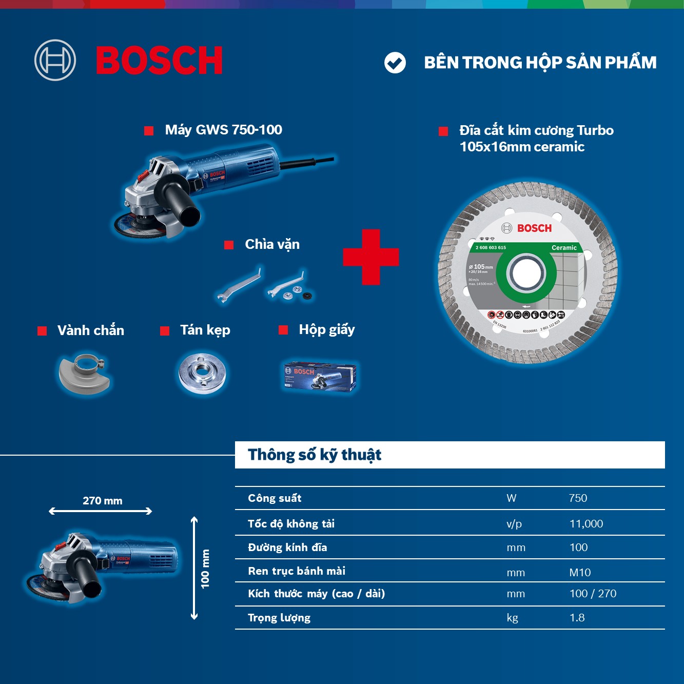 Combo Máy mài góc Bosch GWS 7 50-100 và Đĩa cắt kim cương Turbo 105x16mm ceramic