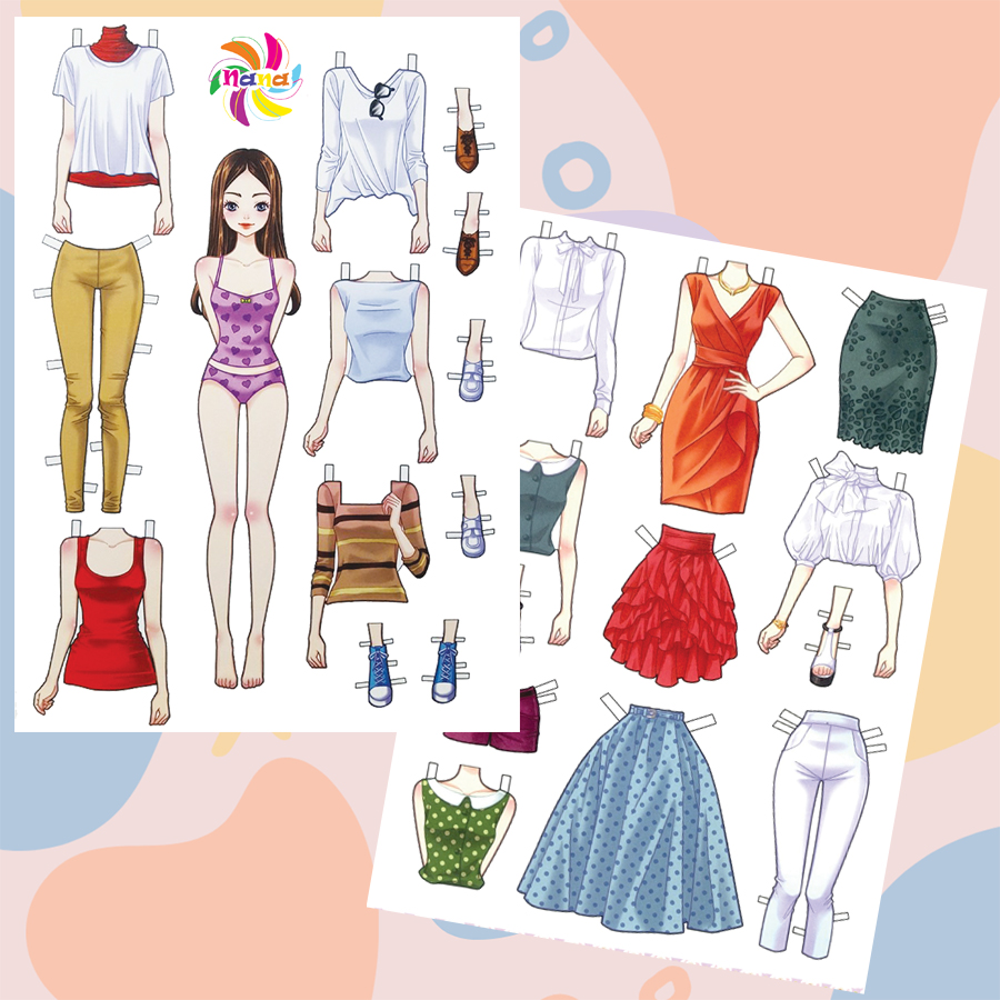 Búp bê giấy (paper doll) thay đồ thời trang đồ chơi cắt thủ công cho bé Combo 6 hình siêu đáng yêu BBG007