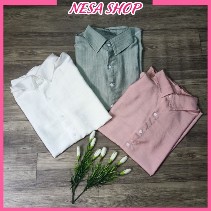 Áo sơ mi nữ cổ Đức NeSa Shop, tay lỡ, Chất liệu Đũi mềm mịn, thoáng mát, áo kiểu nữ form rộng SMH.038