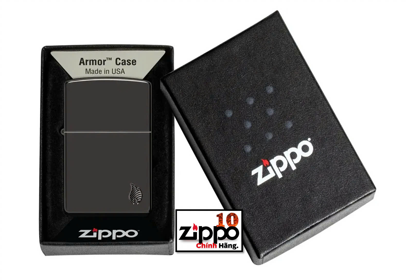 Bật lửa Zippo 46402 Armor High Polish Black Flame Design - Chính hãng 100%