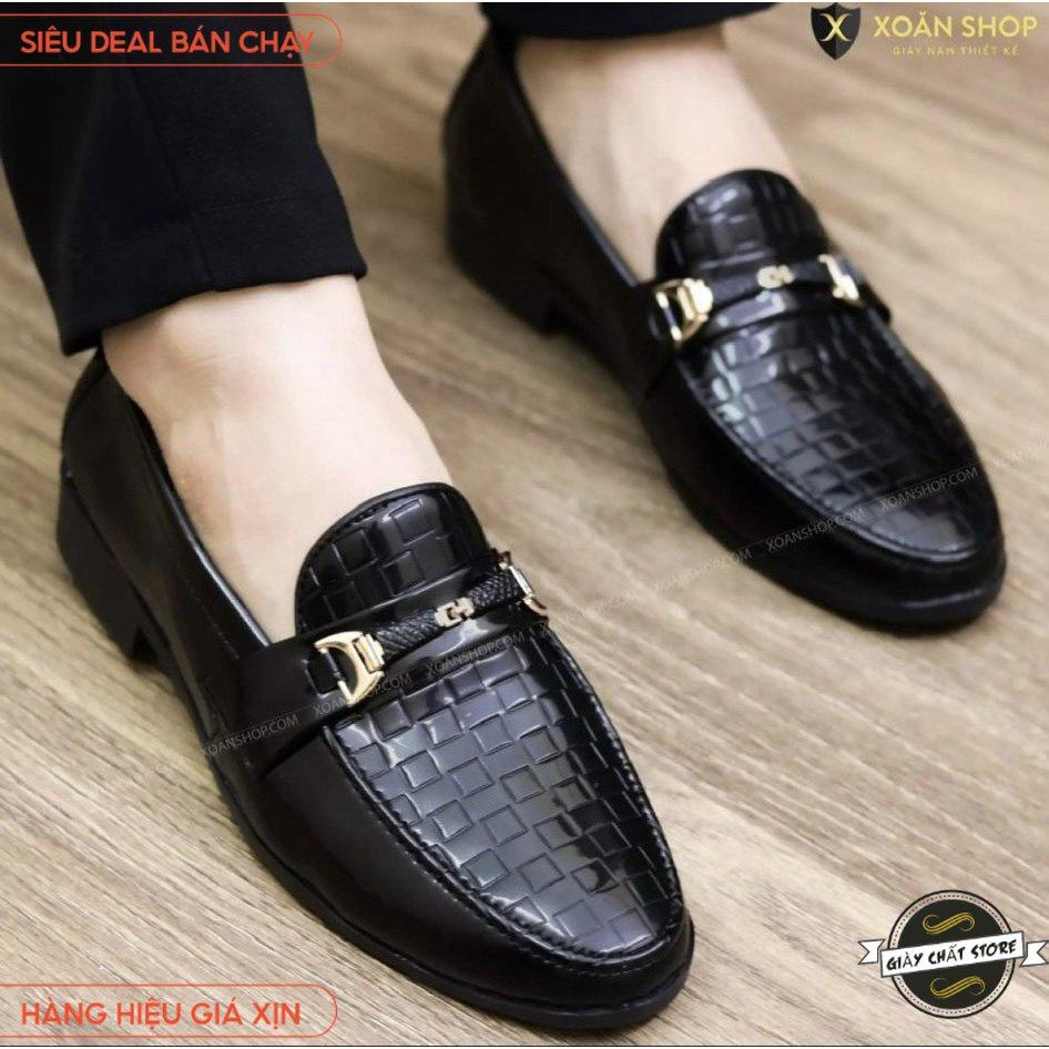 Giày tây nam da bóng khóa kim loại vàng, đế cao khâu đế, size từ 39 đến 43 - Dập gạch bóng